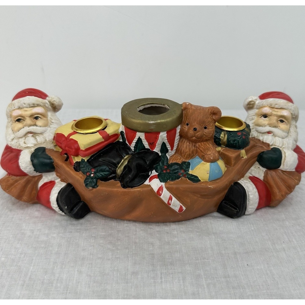 Vintage Santa Claus Christmas 3 Taper Candle Stick Holder Ceramic MCM‎ Kitsch